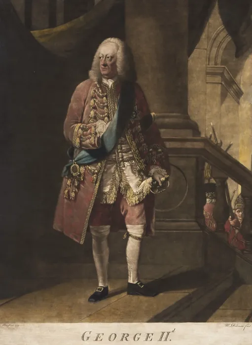 Framed Print : King George II, of Great Britain, 1759. Full length portrait color mezzotint engraving by William Dickinson, after painting by Robert Edge Pine