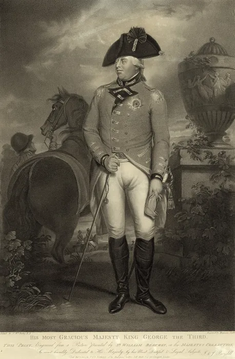 Framed Print : King George III, of Great Britain, 1763-64 portrayed wearing a military uniform. Nearby is a horse attended by a groom, with soldiers in the background Framed Print : King George III, of Great Britain, 1763-64 portrayed wearing a military uniform. Nearby is a horse attended by a groom, with soldiers in the background