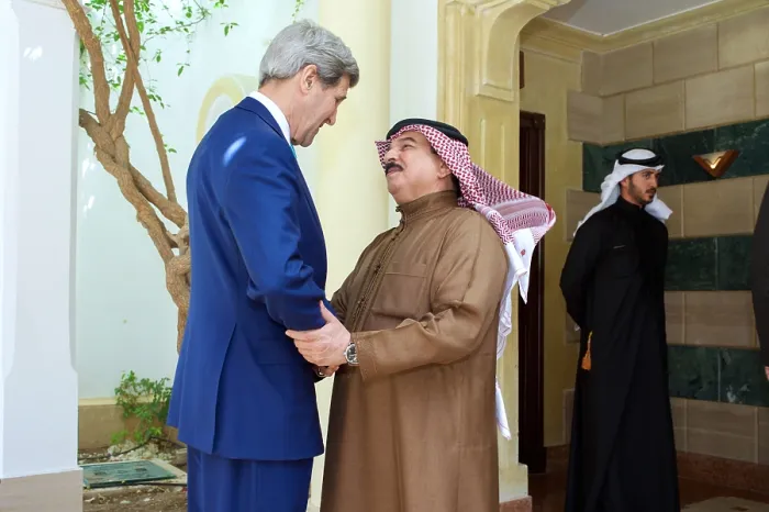 Framed Print : King Hamad of Bahrain with Secretary Kerry at Egyptian Development Conference. Sharm el-Sheikh, Egypt, March 14, 2015. (BSLOC_2015_13_291)