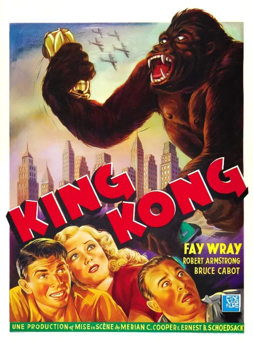 Framed Print : KING KONG, bottom left, from left: Bruce Cabot, Fay Wray, Robert Armstrong; upper right: King Kong on Belgian poster art, 1933
