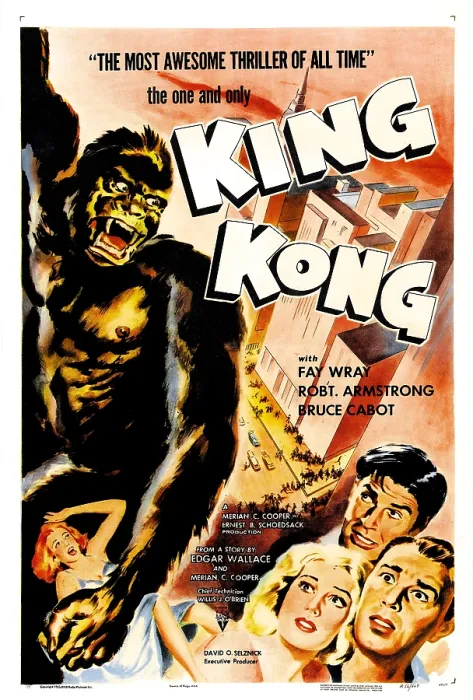 Framed Print : KING KONG, left from top: King Kong, Fay Wray, bottom right from left: Fay Wray, Bruce Cabot, Robert Armstrong on 1956 re-release poster, 1933 Framed Print : KING KONG, left from top: King Kong, Fay Wray, bottom right from left: Fay Wray, Bruce Cabot, Robert Armstrong on 1956 re-release poster, 1933