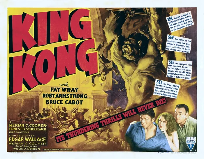 Framed Print : KING KONG, right top: King Kong, bottom right from left: Bruce Cabot, Fay Wray, Robert Armstrong on 1942 poster art, 1933 Framed Print : KING KONG, right top: King Kong, bottom right from left: Bruce Cabot, Fay Wray, Robert Armstrong on 1942 poster art, 1933