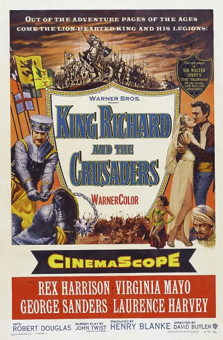 Framed Print : KING RICHARD AND THE CRUSADERS, l-r: George Sanders, Virginia Mayo, Laurence Harvey, bottom: Rex Harrison on poster art, 1954