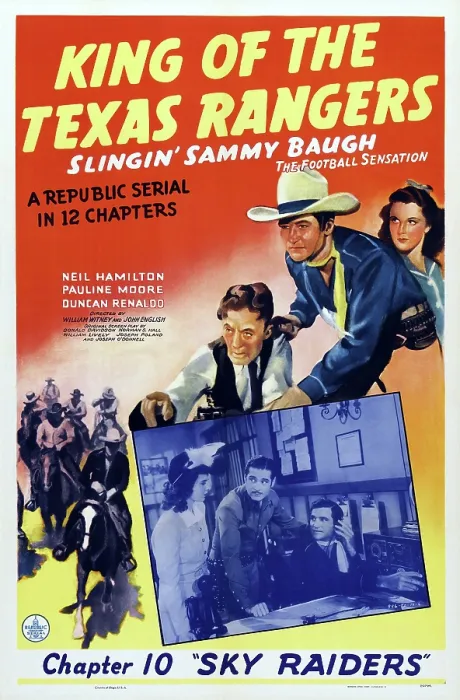Framed Print : KING OF THE TEXAS RANGERS, US poster, top from left: Frank Darian, Sammy Baugh, Pauline Moore, bottom from left: Pauline Moore, Duncan Renaldo, Sammy Baugh, 1941