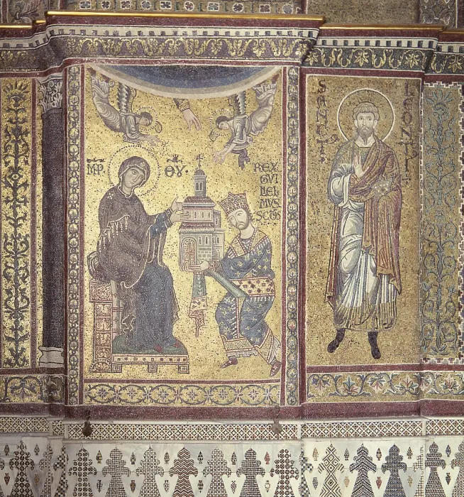 Framed Print : King William II offering to the Virgin the temple of Monreale, 1180, 12th Century, mosaic - Italy, Sicily, Monreale, Cathedral of Saint Mary Nuova. Detail