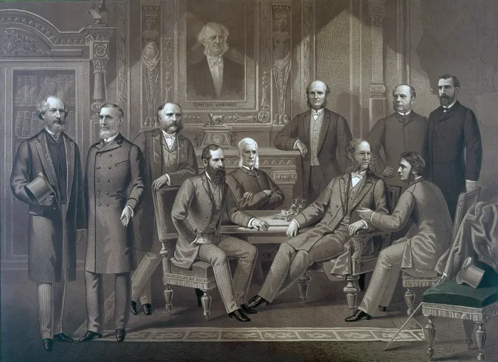 Framed Print : Kings of Wall Street, 1882. Left to right: Cyrus Field, Russell Sage, Rufus Hatch, Jay Gould, Sidney Dillon, Darius Ogden Mills, William H