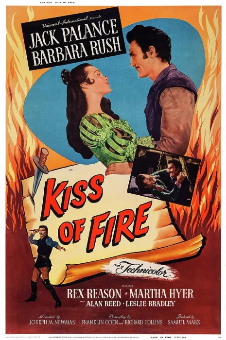 Framed Print : KISS OF FIRE, US poster, top from left: Barbara Rush, Jack Palance, center from left: Rex Reason, Jack Palance, Jack Palance (bottom), 1955 Framed Print : KISS OF FIRE, US poster, top from left: Barbara Rush, Jack Palance, center from left: Rex Reason, Jack Palance, Jack Palance (bottom), 1955