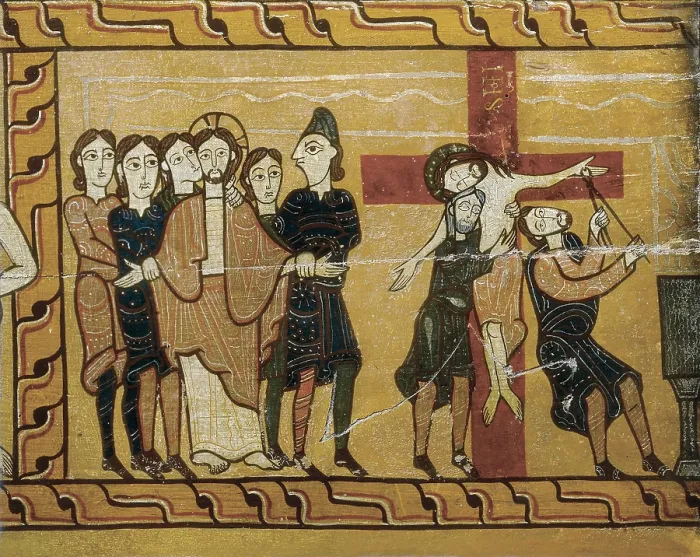 Framed Print : Kiss of Judas, Arrest and Descent of Christ. end 12th c. Altar side. Right detail. Romanesque art. Tempera on wood. SPAIN. Solsona. Diocesan and Regional Museum. Proc: SPAIN