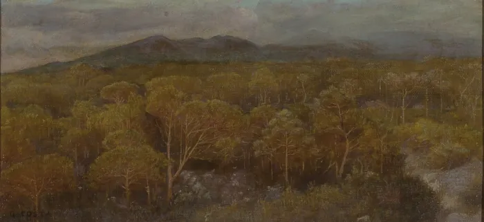 Framed Print : The Last Kiss of the Sun to the Pinewood (L'ultimo bacio del sole alla pineta), by Nino Costa, 19th Century, oil on canvas - Whole artwork view