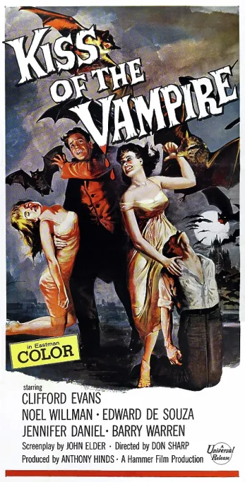 Framed Print : THE KISS OF THE VAMPIRE, (aka KISS OF THE VAMPIRE'), from left: Jennifer Daniel, Barry Warren, Jacquie Wallis, Edward de Souza on 3-sheet style poster art, 1963