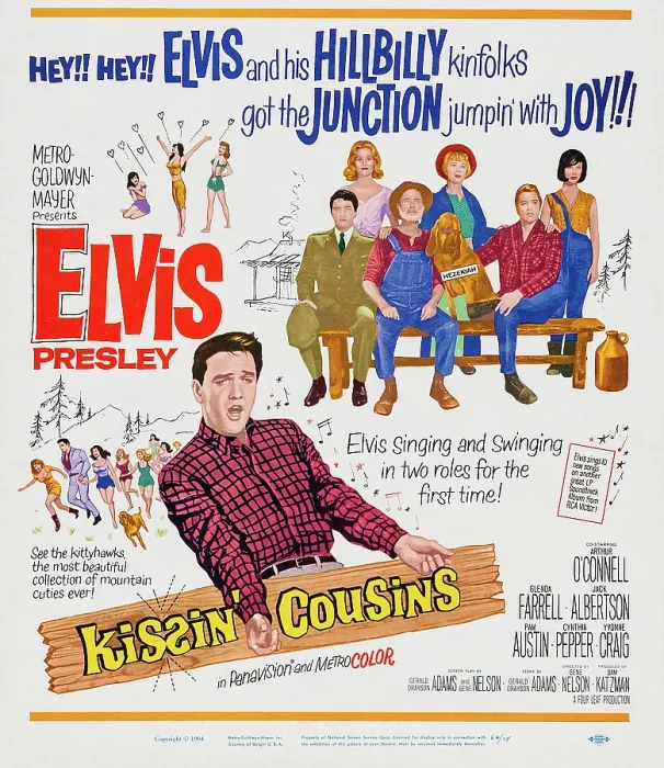 Framed Print : KISSIN COUSINS, US poster, Elvis Presley, sitting on bench from left: Elvis Presley, Arthur O'Connell, Elvis Presley, back row from left: Pamela Austin, Glenda Farrell