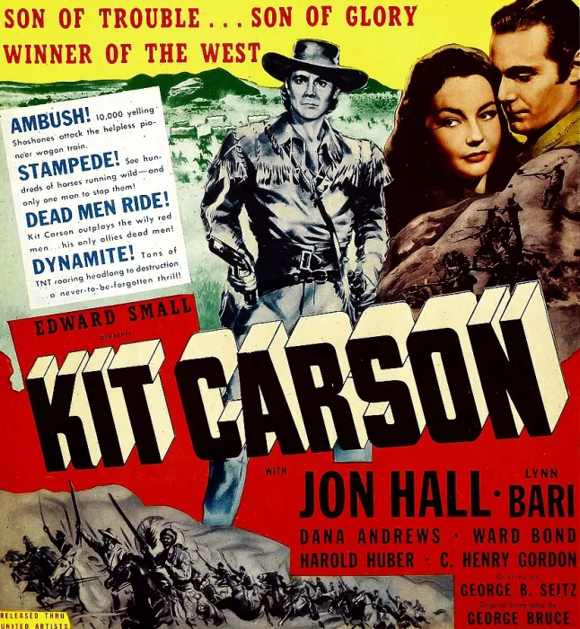 Framed Print : KIT CARSON, top from left: Jon Hall, Lynn Bari, Jon Hall on window card, 1940
