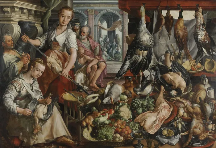 Framed Print : Kitchen, with Jesus in the House of Martha and Mary in the Background, by Joachim Bueckelaer, 1566. Flemish painting, oil on panel
