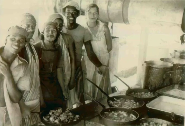 Framed Print : Kitchen workers at the People's Temple Agricultural Project. From back to front: Karen Harmes, Stanley Clayton, unidentified, Santiago Rosa, and two unidentified Framed Print : Kitchen workers at the People's Temple Agricultural Project. From back to front: Karen Harmes, Stanley Clayton, unidentified, Santiago Rosa, and two unidentified