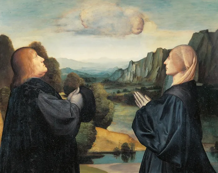 Framed Print : Two Kneeling Devotees, by Giovan Francesco Bembo, 16th Century, - Italy, Lombardy, Milan, Brera art gallery. Detail