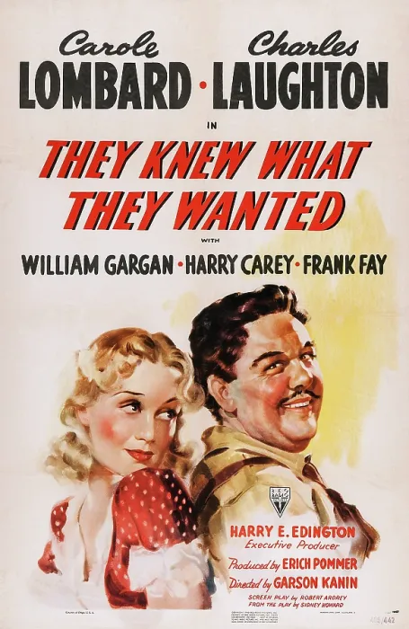 Framed Print : THEY KNEW WHAT THEY WANTED, US poster art, from left: Carole Lombard, Charles Laughton, 1940