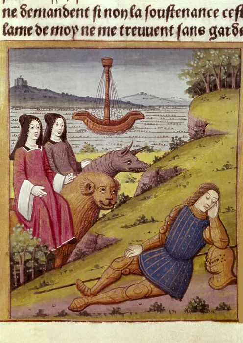 Framed Print : Knight Percival dreams about two women. Illustration from Antoine Verard's 'Tristan, knight of the Round Table' (1496). Gothic art. Miniature Painting. FRANCE Framed Print : Knight Percival dreams about two women. Illustration from Antoine Verard's 'Tristan, knight of the Round Table' (1496). Gothic art. Miniature Painting. FRANCE