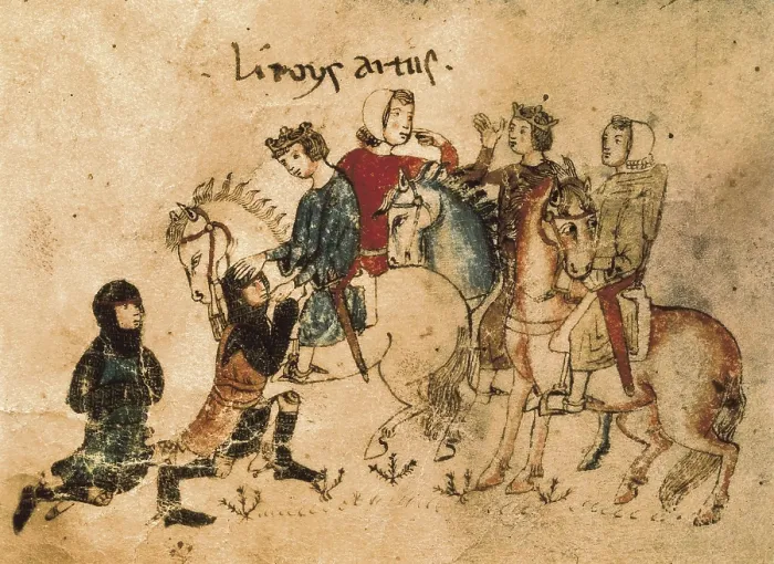 Framed Print : The Knights Esclabor and Arphasar offer their services to King Arthur. Illustration of the French manuscript 'Meliadus, frre de Tristan' (14th c.). Gothic art Framed Print : The Knights Esclabor and Arphasar offer their services to King Arthur. Illustration of the French manuscript 'Meliadus, frre de Tristan' (14th c.). Gothic art
