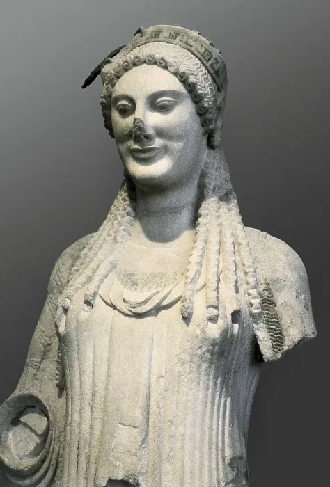 Framed Print : Kore with almond-shaped eyes. 500 BC. Archaic Greek art. Sculpture on marble. GREECE. Athens. Acropolis. Acropolis Museum. AISA / Everett Collection**US SALES ONLY**