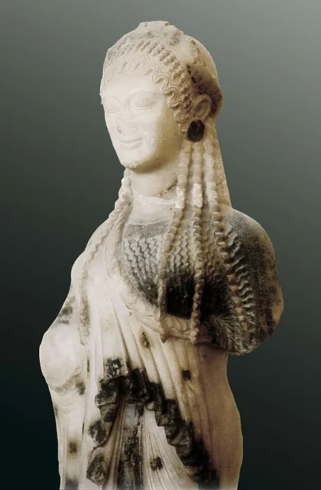 Framed Print : Kore. ca. 510 BC. Archaic Greek art. Sculpture on marble. GREECE. Athens. Acropolis. Acropolis Museum. Proc: GREECE. Athens. Acropolis. AISA / Everett Collection**US SALES ONLY**