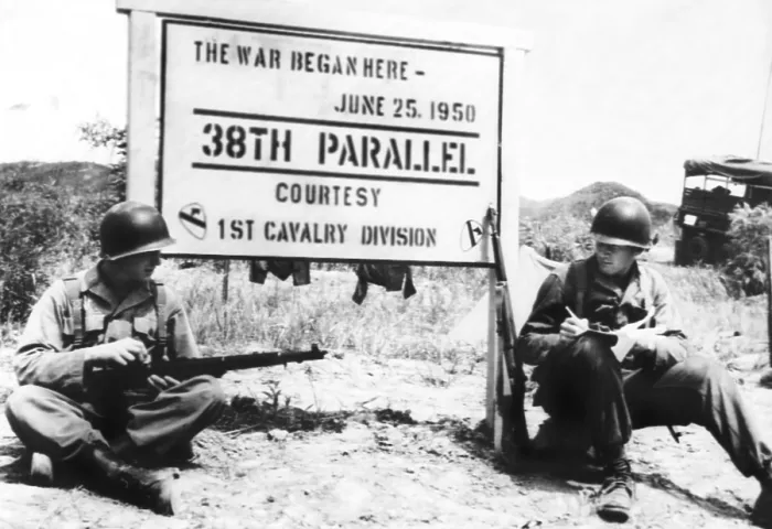 Framed Print : Korean War, soldiers resting on the spot where the Korean War broke out, (pictured: Pvt. Fred Furhaman, Pvt. Daniel M. Kantlehner), Korea, ca. 1951 Framed Print : Korean War, soldiers resting on the spot where the Korean War broke out, (pictured: Pvt. Fred Furhaman, Pvt. Daniel M. Kantlehner), Korea, ca. 1951