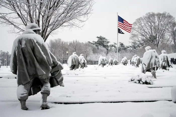 Framed Print : Korean War Veterans Memorial, Washington, D.C. The main element of the memorial is the stainless-steel sculptures of heavily dressed soldiers troopers on patrol