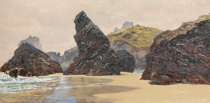 Framed Print : KYNANCE, by John Brett, 1888, British painting, oil on canvas. Kynance Cove is in Cornwall, on the Lizard Peninsula in remote southwest England