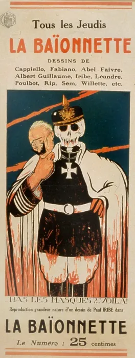 Framed Print : La Baionnette, a weekly satirical journal for French soldiers at the front. The cover shows a skeleton in a German military uniform holding a mask of Kaiser Wilhelm Framed Print : La Baionnette, a weekly satirical journal for French soldiers at the front. The cover shows a skeleton in a German military uniform holding a mask of Kaiser Wilhelm