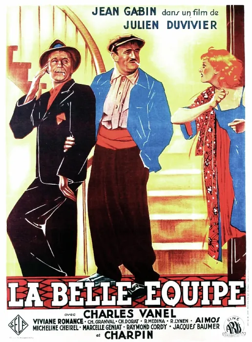 Framed Print : LA BELLE EQUIPE, (aka THEY WERE FIVE), French poster art, from left: Jean Gabin, Charles Vanel, Viviane Romance, 1936