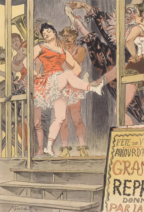Framed Print : LA DANSE, illustration of a French side show enticing customers to purchase tickets. Showgirls wear tights and short skirts and brief corseted bodices (BSLOC_2017_12_38) Framed Print : LA DANSE, illustration of a French side show enticing customers to purchase tickets. Showgirls wear tights and short skirts and brief corseted bodices (BSLOC_2017_12_38)