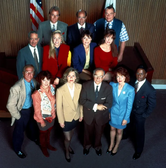 Framed Print : L.A. LAW, front, from left, John Spencer, Susan Ruttan, Susan Dey, Richard Dysart, Jill Eikenberry, Blair Underwood; center, from left, Michael Tucker, Alexandra Powers