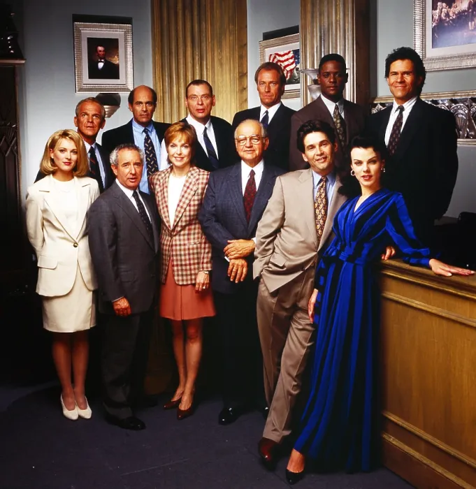Framed Print : L.A. LAW, from left: Alexandra Powers, John Spencer, Michael Tucker, Alan Rachins (top), Jill Eikenberry, Larry Drake (top), Richard Dysart, Corbin Bernsen (top), Alan Rosenberg