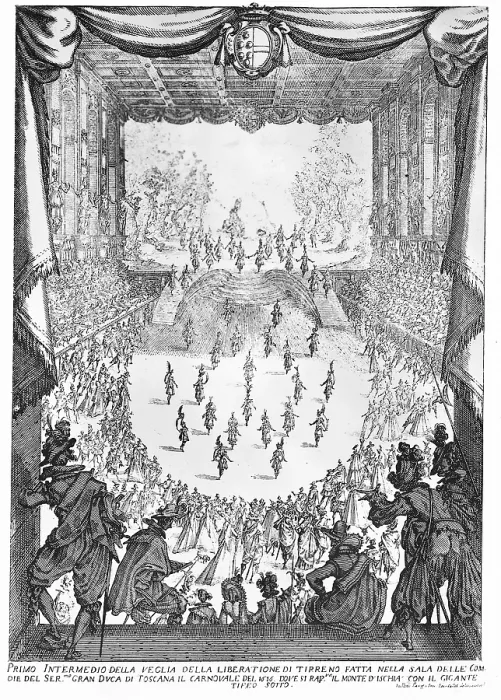 Framed Print : La Liberazione di Tirenno e D'Arnea. Theater play by Andrea Salvatore. Engraving by Hacques Callot. Engraving