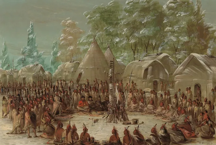 Framed Print : LA SALLE'S PARTY FEASTED IN THE ILLINOIS VILLAGE, JANUARY 2, 1680, by George Catlin, c. 1848