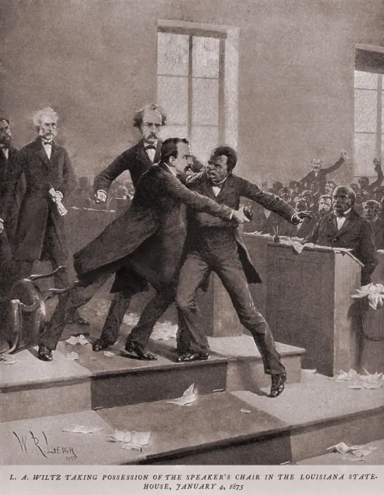 Framed Print : L.A. Wiltz, Democrat, forcibly taking possession of the Speaker's Chair in the Louisiana State House, Jan. 4, 1875