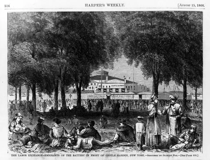 Framed Print : The Labor exchange--emigrants on the Battery in front of Castle Garden, New York. Engraving ca. 1868