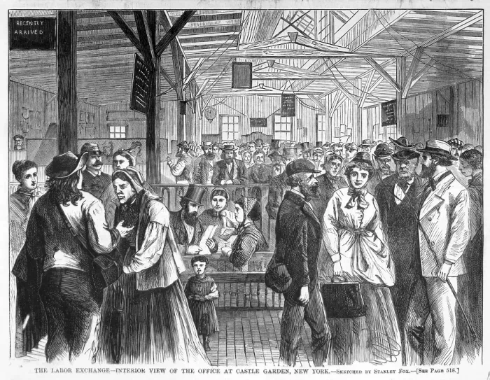 Framed Print : The labor exchange--interior view of the office at Castle Garden, New York. Engraving ca. 1868 Framed Print : The labor exchange--interior view of the office at Castle Garden, New York. Engraving ca. 1868