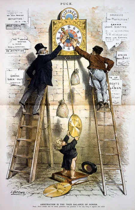 Framed Print : Labor movement. Editorial cartoon illustratin the struggle between organized labor and big businees over the 8-hour workday. Color lithograph, March 17, 1886