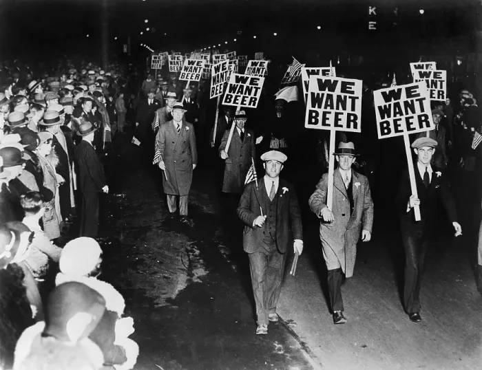 Framed Print : Labor union members protesting Prohibition in Newark New Jersey carrying signs reading We want beer. October 1931