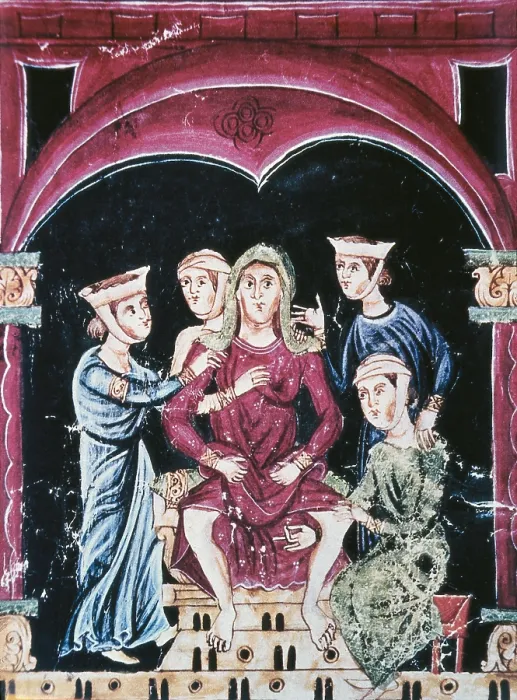 Framed Print : Labor. Woman giving birth and four nurses looking after her. Gothic art. Miniature Painting. AUSTRIA. Vienna. National Library. - J