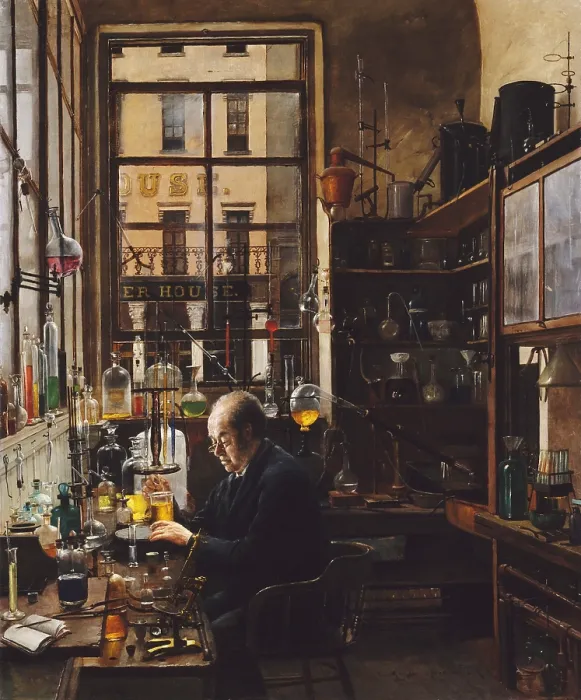 Framed Print : IN THE LABORATORY, by Henry Alexander, 1885-1887, American painting, oil on canvas. The artwork shows Professor Thomas Price, (d) Framed Print : IN THE LABORATORY, by Henry Alexander, 1885-1887, American painting, oil on canvas. The artwork shows Professor Thomas Price, (d)