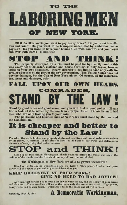 Framed Print : TO THE LABORING MEN OF NEW YORK, begins a poster appealing for an end to the Draft Riots in New York City, July 18, 1863 Framed Print : TO THE LABORING MEN OF NEW YORK, begins a poster appealing for an end to the Draft Riots in New York City, July 18, 1863