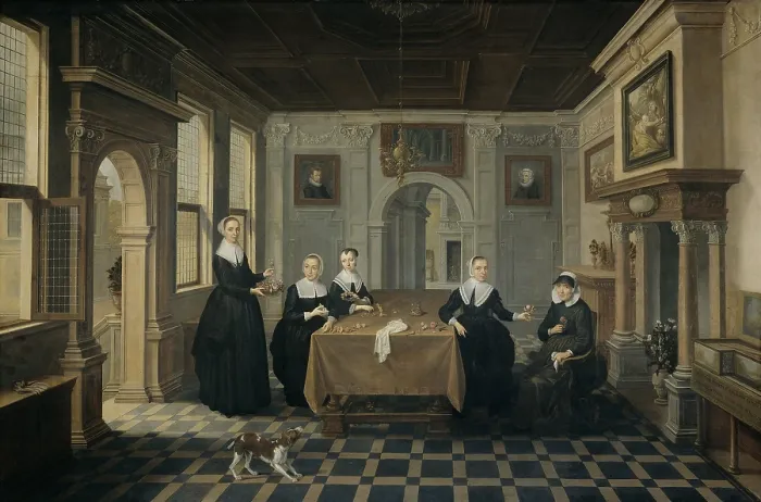 Framed Print : Five Ladies in an Interior, attributed to Dirck van Delen, 1630-52, Dutch painting, oil on panel Framed Print : Five Ladies in an Interior, attributed to Dirck van Delen, 1630-52, Dutch painting, oil on panel