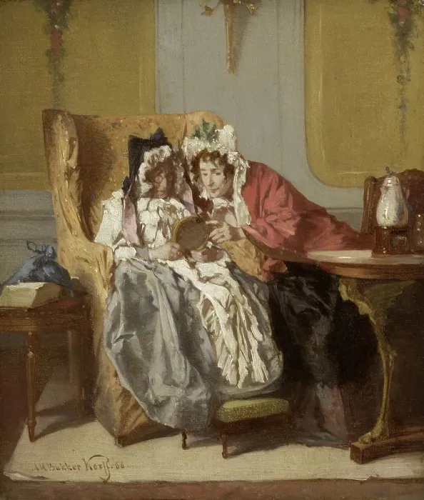 Framed Print : Two Ladies Looking at a Picture, by Alexander Hugo Bakker Korff, 1866, Dutch painting, oil on panel. Two older women huddle to view a small oval painting (BSLOC_2016_2_100) Framed Print : Two Ladies Looking at a Picture, by Alexander Hugo Bakker Korff, 1866, Dutch painting, oil on panel. Two older women huddle to view a small oval painting (BSLOC_2016_2_100)