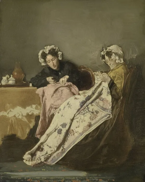 Framed Print : Two Ladies at their Sewing, Alexander Hugo Bakker Korff, c. 1860-82, Dutch painting, oil on panel. (BSLOC_2016_1_39)