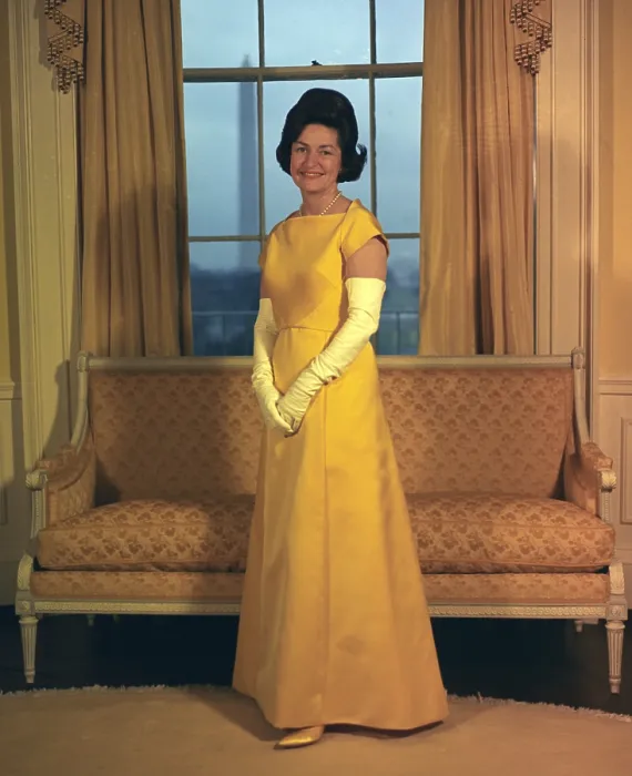 Framed Print : Lady Bird Johnson's Inaugural Gown. The First Lady wore canary-yellow bateau-neck gown by John Moore. She ordered her dress through Neiman Marcus in Texas. Jan. 1965
