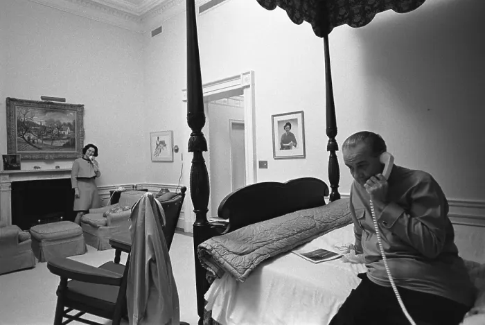 Framed Print : Lady Bird and President Johnson taking phone calls in their White House bedroom after he announced his withdrawal from the 1968 presidential election. March 31, 1968 Framed Print : Lady Bird and President Johnson taking phone calls in their White House bedroom after he announced his withdrawal from the 1968 presidential election. March 31, 1968