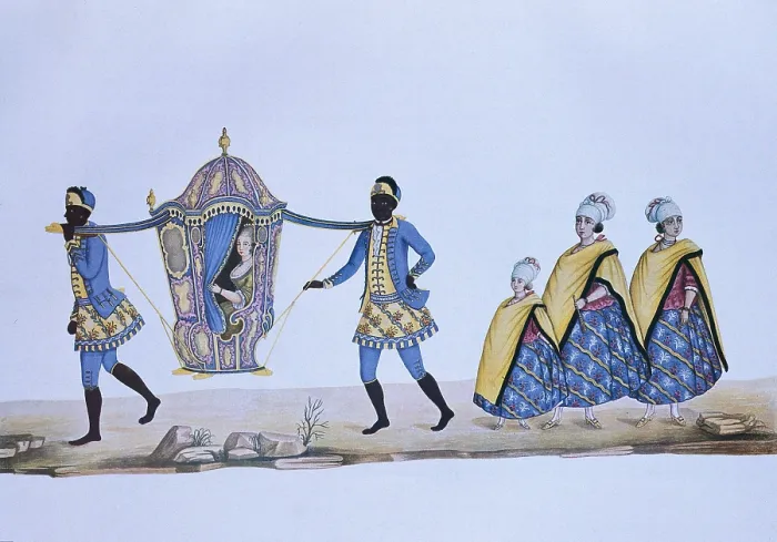 Framed Print : Lady carried on a 'cadeirinha' (chair) and followed by her slaves. Brazil, 18th century. Watercolour. - J. Bedmar / Iberfoto / Everett Collection (106161)**US SALES ONLY** Framed Print : Lady carried on a 'cadeirinha' (chair) and followed by her slaves. Brazil, 18th century. Watercolour. - J. Bedmar / Iberfoto / Everett Collection (106161)**US SALES ONLY**