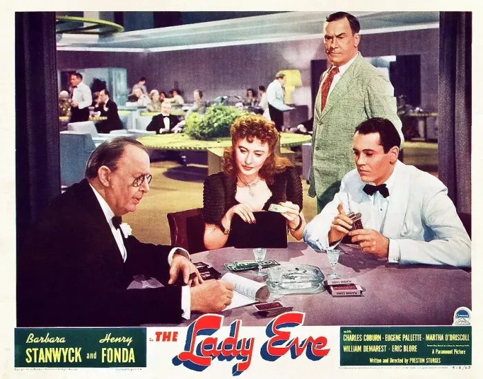 Framed Print : THE LADY EVE, US lobbycard, front from left: Charles Coburn, Barbara Stanwyck, Henry Fonda; back: William Demarest, 1941