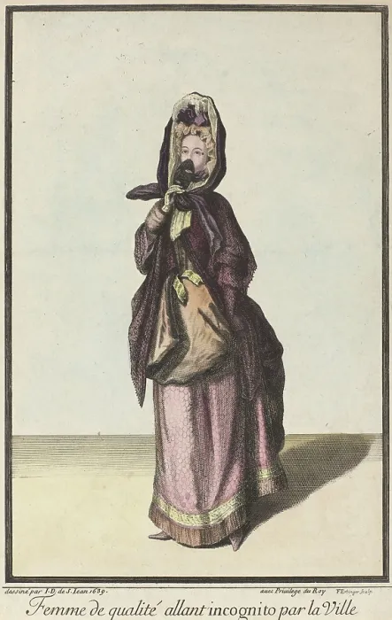 Framed Print : Lady Going About Town Incognito, by Franz Ertinger, 1689, French print, engraving. Fashion prints that incorporated short stories about the model to promote new styles Framed Print : Lady Going About Town Incognito, by Franz Ertinger, 1689, French print, engraving. Fashion prints that incorporated short stories about the model to promote new styles